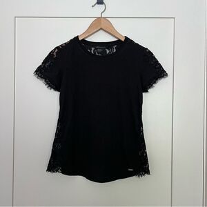 Armani Exchange Top Womens XS Black Short Sleeve Lace Stretch Crew Neck Logo